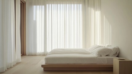 A detailed view of a minimalistic bedroom featuring a low-profile bed with crisp, white linens, a simple wooden nightstand, and large windows with sheer curtains.
