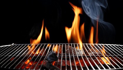 Hot Empty Portable Barbecue BBQ Grill with Flaming Fire and Glowing Ember Charcoal Against a Black Background, Perfect for Outdoor Cooking, Grilling, and Summer Barbecue Concepts