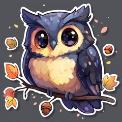 Obraz premium Cute Cartoon Owl Perched on Branch with Autumn Leaves