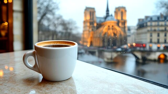 Cozy caf&eacute; with a view of Notre Dame Cathedral on a rainy day, captured with warm lighting. Paris rainy day concept. Seamless looping time-lapse video background.