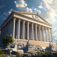 Obraz premium 17. A 3D depiction of an ancient Greek temple with columns and mythological statues
