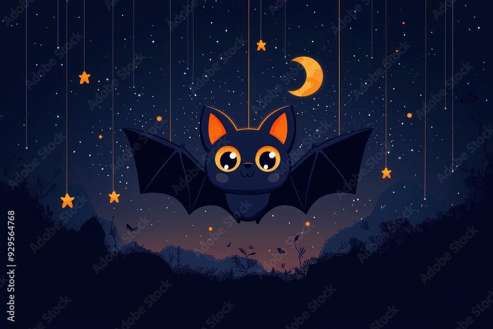 Wall mural cute cartoon bat flying under a starry night sky