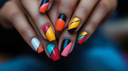 Obraz premium A detailed view of a woman hands with a multi-color manicure, highlighting the artistic and creative design of the nail polish.