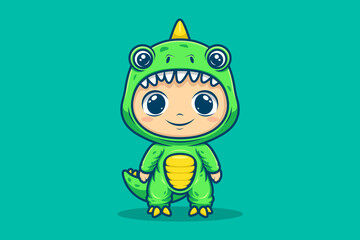 Illustration of a Boy Wearing a Dinosaur Costume. Flat Cartoon Style Suitable for Landing Page, Banner, Sticker, Background