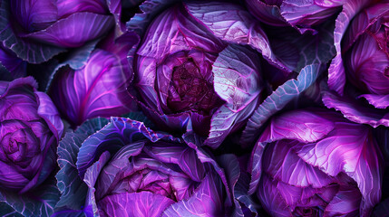 Obraz premium Close-up of vibrant purple cabbage heads with fresh dew, showcasing natural beauty