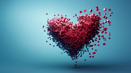 A digital 3D heart made of small cubes or pixels, with some cubes breaking away, symbolizing the fragility of love in a modern, abstract way.