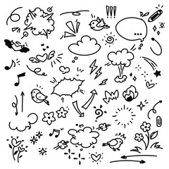 Set of glitter, heart, arrow, star, smoke, line and more. This vector illustration is perfect for adding playful and decorative icons to your designs, all isolated on a white background.