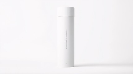 A modern, minimalist product package with a unique design. The package is made of smooth, matte white cardboard and features a cylindrical shape with a slightly tapered top. The white label is placed
