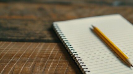 The Blank Page Awaits: A yellow pencil rests upon a blank notepad, poised for inspiration on a rustic wooden desk, evoking the promise of creativity and new beginnings.