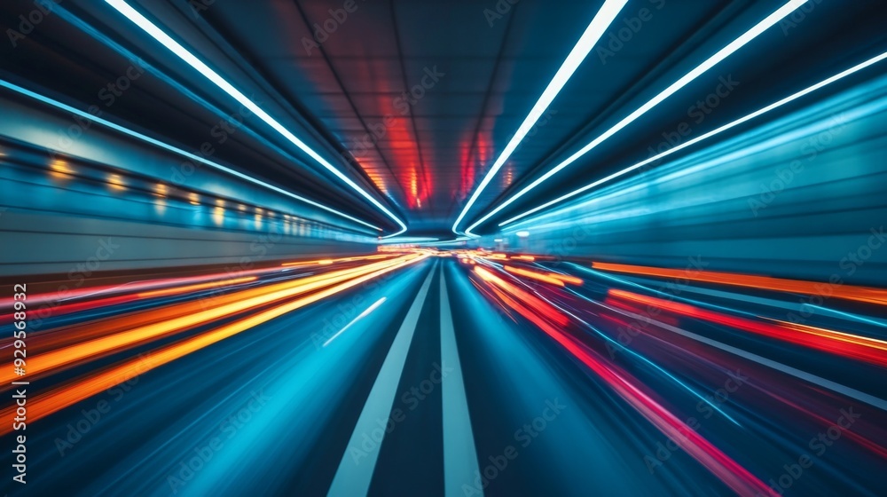 Poster A wide-angle shot of a highway tunnel with moving traffic, emphasizing the dynamic movement of vehicles and the illuminated road surface within the tunnel.