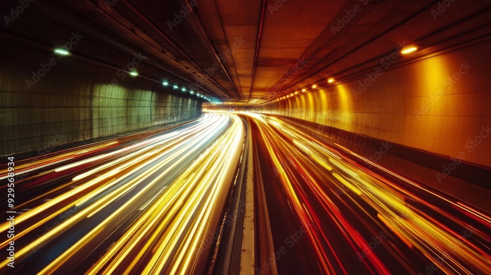Poster A wide-angle shot of a highway tunnel with moving traffic, emphasizing the dynamic movement of vehicles and the illuminated road surface within the tunnel.