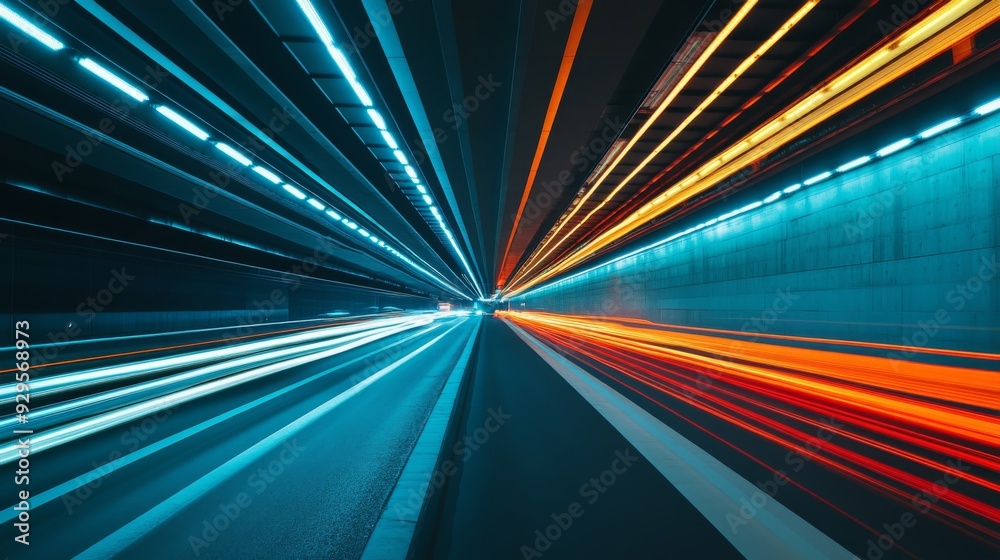 Leinwandbilder a wide-angle shot of a highway tunnel with moving traffic, emphasizing the dynamic movement of vehic