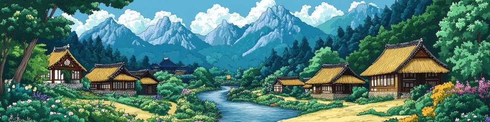Serene Mountain Village Landscape with Rustic Houses by a River and Snow-Capped Peaks in a Lush, Green Valley Setting