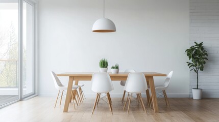 A wide-angle shot of a minimalistic dining area with a simple wooden table, white chairs, and a single pendant light hanging above, set in a spacious, uncluttered room.