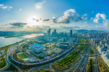 Yeouido, Yeongdeungpo-gu, Seoul, South Korea - April 11, 2022: Aerial and morning view of Olympic Boulevard and Yeouido Saetgang River with National Assembly Building in spring