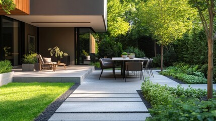A wide-angle shot of a minimalistic outdoor patio with a simple dining table, a few modern chairs, and a well-maintained garden area, featuring clean lines and a serene environment.