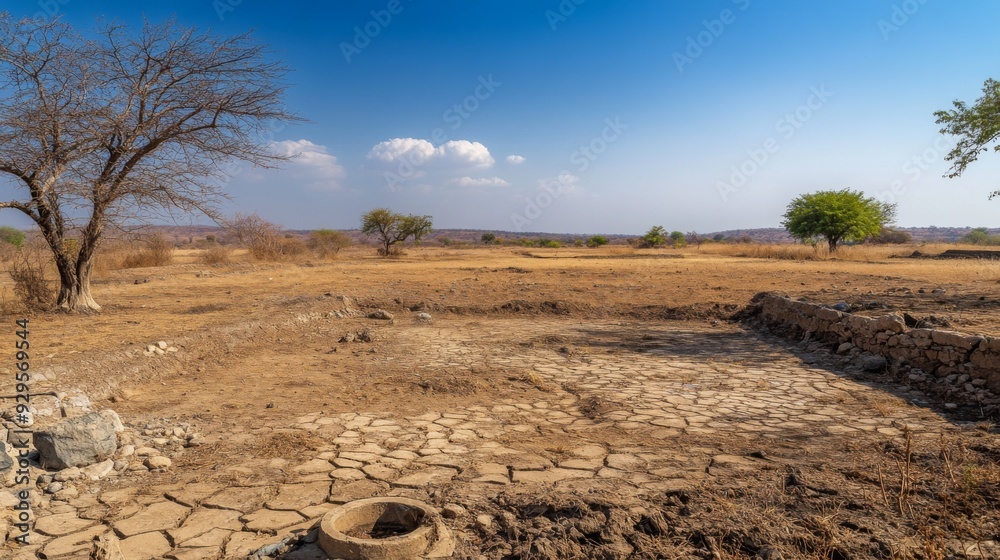 Poster a wide-angle shot of a rural area affected by drought, with empty wells and dry, parched land, empha