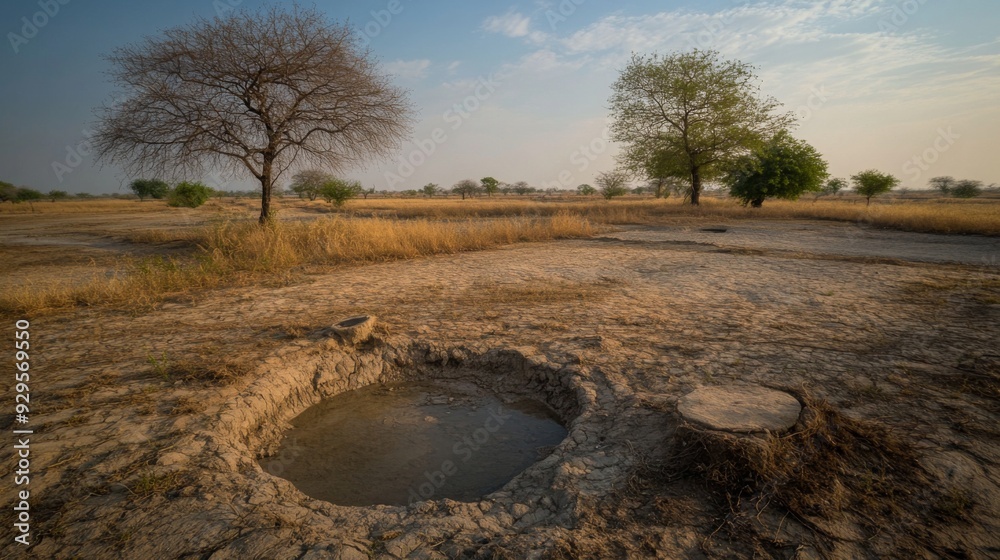 Poster a wide-angle shot of a rural area affected by drought, with empty wells and dry, parched land, empha