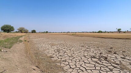 A wide-angle shot of a parched landscape with cracked soil and barren fields, illustrating the severe effects of drought on agriculture.