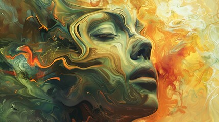 Obraz premium A swirling abstract portrait of a serene face, blending colors and emotions.