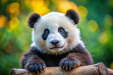 Fototapeta premium Adorable young panda stands with playful pose and curious facial expression, isolated against a blurred natural background, showcasing innocence and gentle charm.