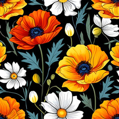 seamless pattern with flowers, argyle daisy poppy marigolds pattern overlay in bright jewel tones black white cartoon drawing	