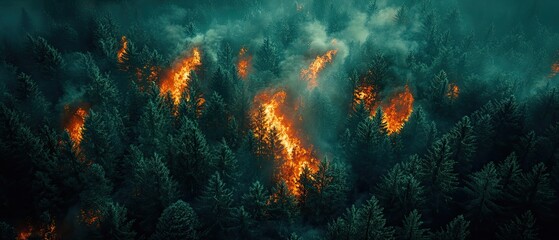 Obraz premium Aerial View of Intense Forest Fire with Thick Smoke in Dense Pine Forest