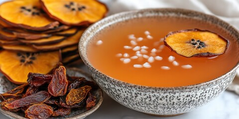 Delicious bowl of persimmon soup garnished with sliced fruit and side of dried persimmon slices on a textured table cloth