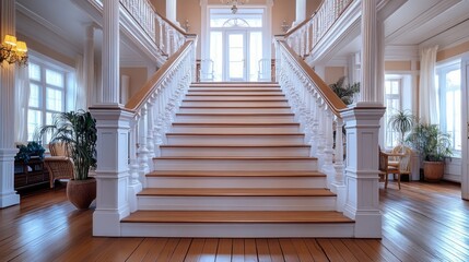 Grand Elegant Staircase in Luxurious Modern Home with Natural Light and Wooden Flooring