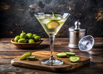 Freshly prepared trendy cocktail with chilled martini glass containing clear liquid, pickled cucumber slice, and ice, perfectly arranged on a polished wooden table surface.