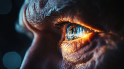 Obraz premium close-up of an old man's eye, looking past the camera. The eye reflects a white utopian futuristic castle with city lights radiating from it.