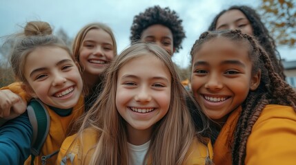 Obraz premium Potrait of a group of diverse children, smiling and happy, on their first day back to school.
