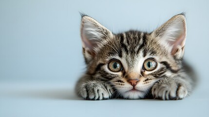Adorable kitten lying down with its head resting on its paws on a blank background