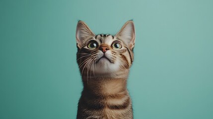 Obraz premium Curious cat standing with its ears perked up on a solid color background
