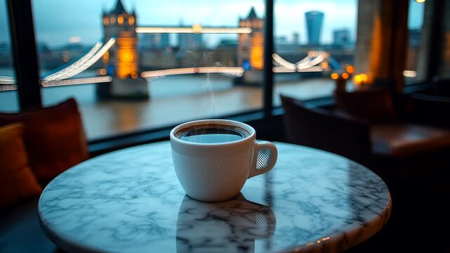 Evening coffee with a view of Tower Bridge from a cozy caf&eacute; in London. London city nightscape concept. Seamless looping time-lapse video background.