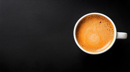 Top-down shot of a coffee cup with a smooth surface, placed on a matte black background, vast space for text, dramatic studio lighting.