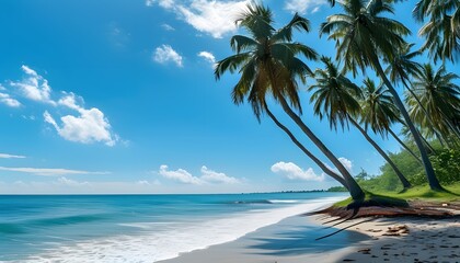 There are towering coconut trees and blue ocean on the beach, and the tranquil natural scenery under the blue sky.