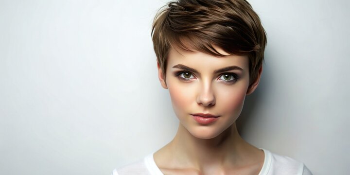 A fresh-faced young woman with a stylish pixie cut hairstyle poses alone on a pure white background, surrounded by ample copy space for text or design.