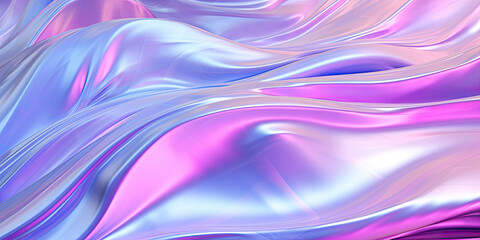 An abstract illustration featuring waves of smooth, iridescent fabric in pastel blue, pink, and...