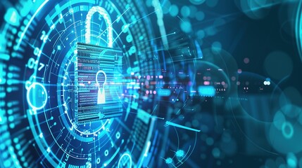 Obraz premium Digital lock icon on a blue background with abstract shapes