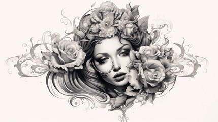 Fototapeta premium Detailed black and white neotrad tattoo sketch with bold lines, set on a white background