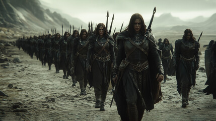 Epic Elven Vanguard in Desolate Realm - Mystical Army Marches through Blighted Landscape, Resolute Guardians of the Ethereal