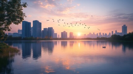 Capture the contrast between a cutting-edge urban skyline and a serene lake