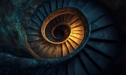 Spiral Staircase Forming Hidden Symbol in Shadows from Dramatic Lighting