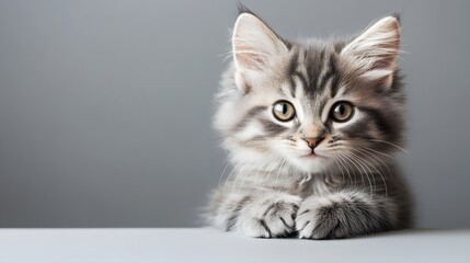 Fluffy kitten lying down with its paws crossed on a blank backdrop
