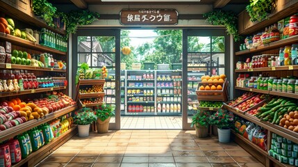 Fototapeta premium Japanese Convenience Store with Fresh Produce and Snacks