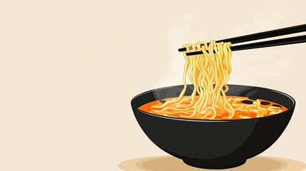 A steaming bowl of ramen with chopsticks lifting noodles, isolated on a neutral background, with space for text, highlighting the warmth and comfort of Japanese cuisine.