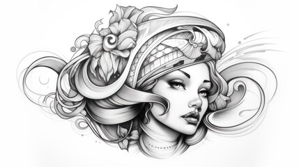Neotraditional tattoo design featuring bold lines and black and white sketch style, on white background