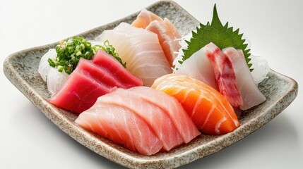 An assortment of fresh sashimi, including salmon, tuna, and more, artistically presented on a minimalist dish, capturing the essence of Japanese food.