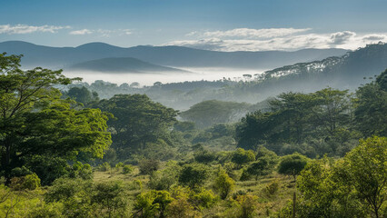 A lush green forest with a foggy mist surrounding the mountains in the background. The foggy atmosphere gives the scene a serene and peaceful mood, as if the forest is enveloped in a soft